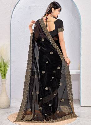 Black zari embroidered silk blend saree with blouse piece 2