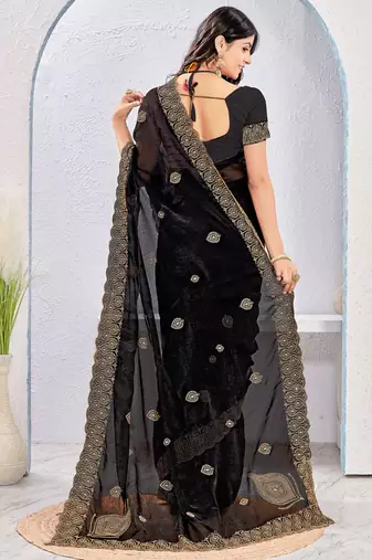 Black zari embroidered silk blend saree with blouse piece