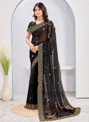 Black zari embroidered silk blend saree with blouse piece 3