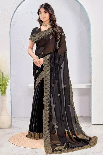Black zari embroidered silk blend saree with blouse piece