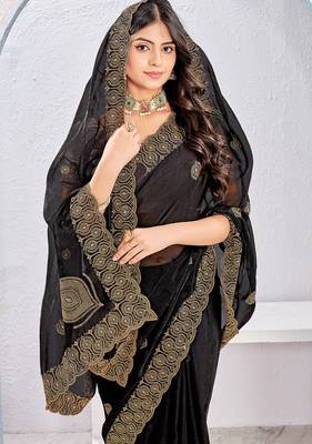 Black zari embroidered silk blend saree with blouse piece 4