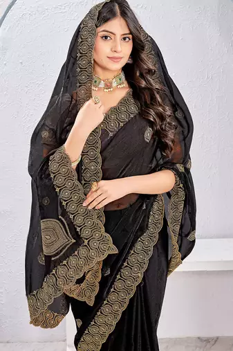 Black zari embroidered silk blend saree with blouse piece