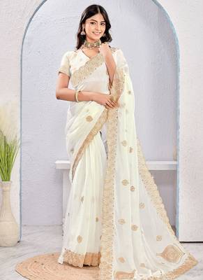 White zari embroidered silk blend saree with blouse piece 1