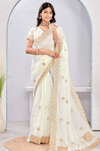 White zari embroidered silk blend saree with blouse piece