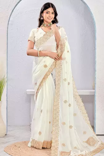 White zari embroidered silk blend saree with blouse piece