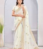 White zari embroidered silk blend saree with blouse piece