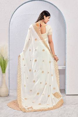 White zari embroidered silk blend saree with blouse piece 2