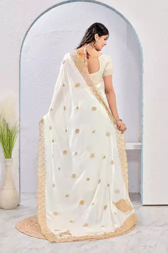 White zari embroidered silk blend saree with blouse piece