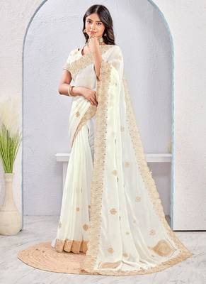White zari embroidered silk blend saree with blouse piece 3