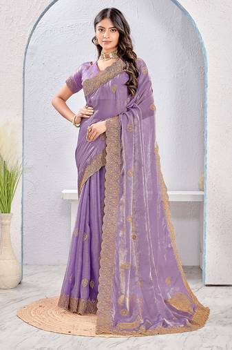Lavender zari embroidered silk blend saree with blouse piece