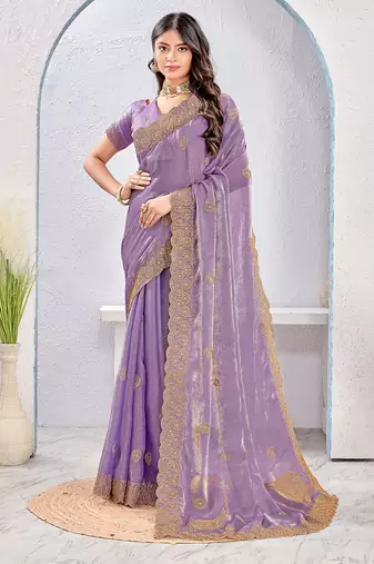 Lavender zari embroidered silk blend saree with blouse piece