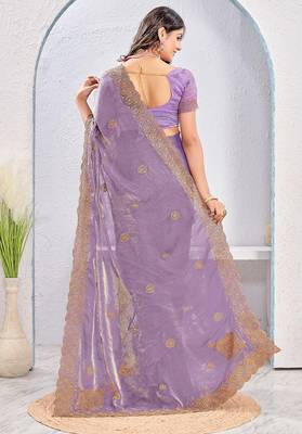 Lavender zari embroidered silk blend saree with blouse piece 2