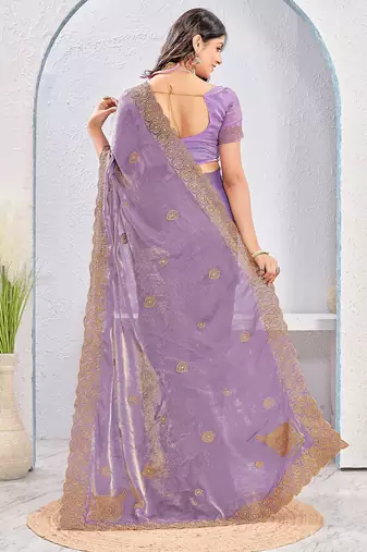 Lavender zari embroidered silk blend saree with blouse piece