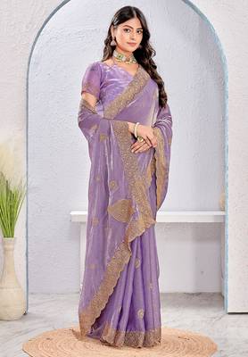 Lavender zari embroidered silk blend saree with blouse piece 3