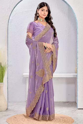 Lavender zari embroidered silk blend saree with blouse piece