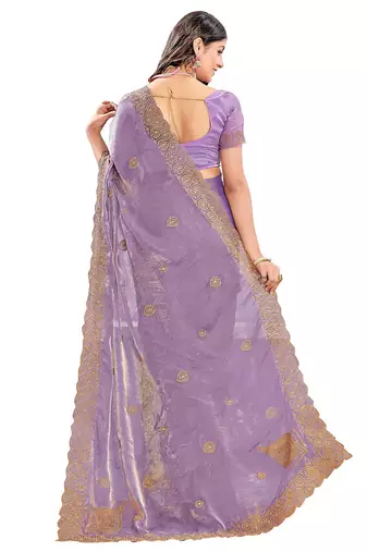 Lavender zari embroidered silk blend saree with blouse piece