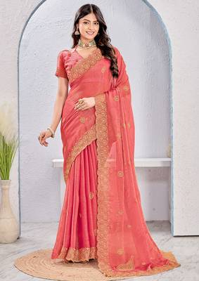 Gajri pink zari embroidered silk blend saree with blouse piece 1