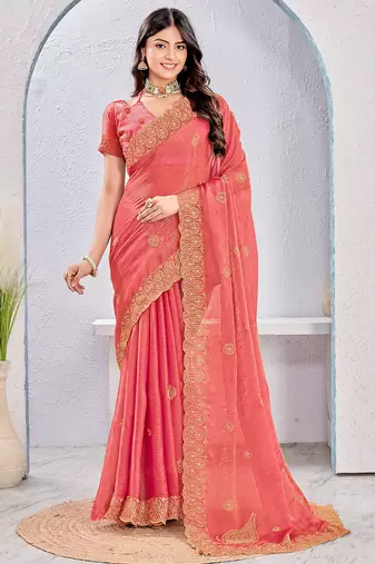 Gajri pink zari embroidered silk blend saree with blouse piece