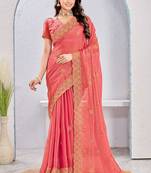 Gajri pink zari embroidered silk blend saree with blouse piece