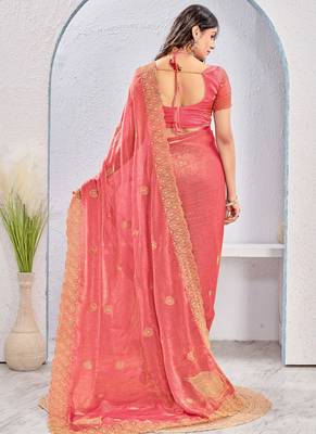 Gajri pink zari embroidered silk blend saree with blouse piece 2