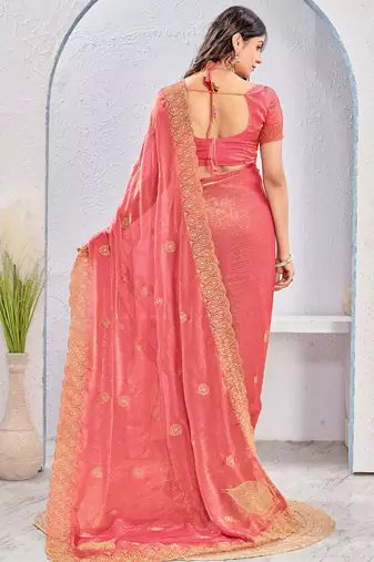 Gajri pink zari embroidered silk blend saree with blouse piece