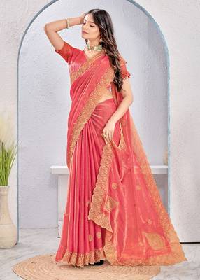 Gajri pink zari embroidered silk blend saree with blouse piece 3