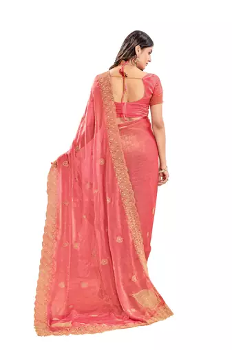 Gajri pink zari embroidered silk blend saree with blouse piece