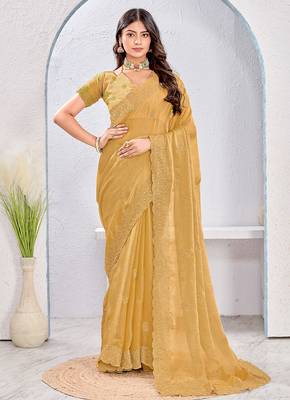 Beige zari embroidered silk blend saree with blouse piece 1