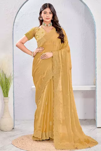 Beige zari embroidered silk blend saree with blouse piece