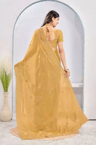 Beige zari embroidered silk blend saree with blouse piece