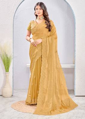 Beige zari embroidered silk blend saree with blouse piece 3