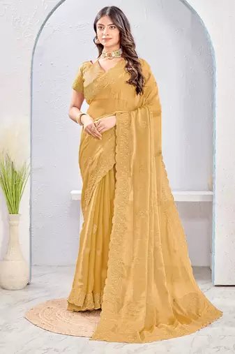 Beige zari embroidered silk blend saree with blouse piece