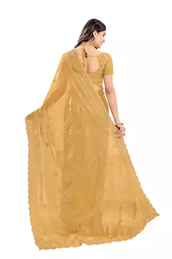 Beige zari embroidered silk blend saree with blouse piece