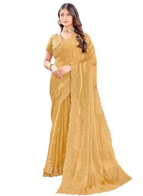 Beige zari embroidered silk blend saree with blouse piece 5