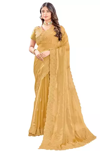 Beige zari embroidered silk blend saree with blouse piece