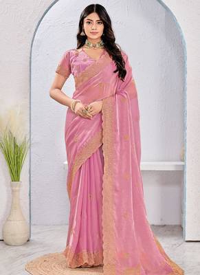 Pink zari embroidered silk blend saree with blouse piece 1