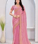 Pink zari embroidered silk blend saree with blouse piece