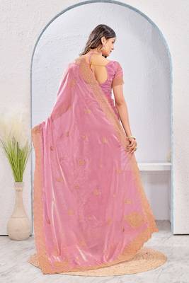 Pink zari embroidered silk blend saree with blouse piece 2