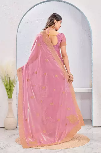 Pink zari embroidered silk blend saree with blouse piece