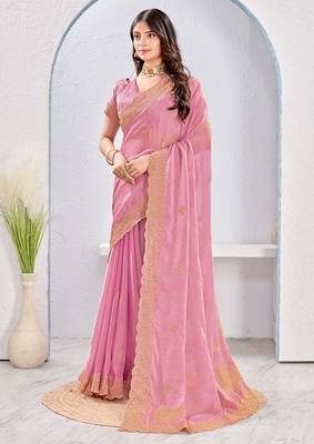 Pink zari embroidered silk blend saree with blouse piece 3