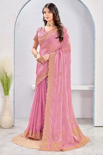 Pink zari embroidered silk blend saree with blouse piece