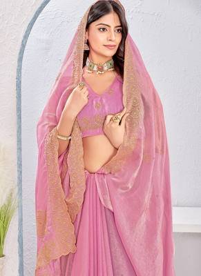 Pink zari embroidered silk blend saree with blouse piece 4