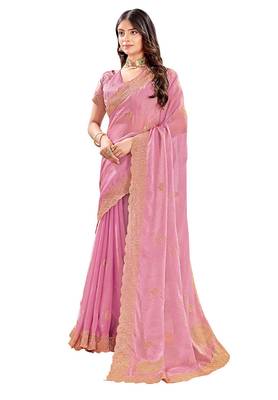 Pink zari embroidered silk blend saree with blouse piece 5