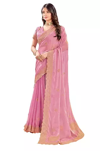 Pink zari embroidered silk blend saree with blouse piece