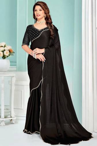 Black handwork zarkan border designer chiffon saree with blouse piece