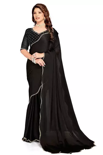 Black handwork zarkan border designer chiffon saree with blouse piece