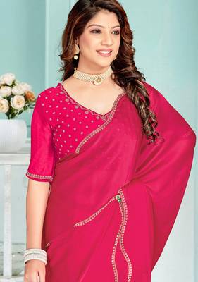 Rani handwork zarkan border designer chiffon saree with blouse piece 2