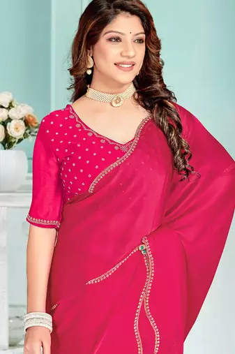 Rani handwork zarkan border designer chiffon saree with blouse piece