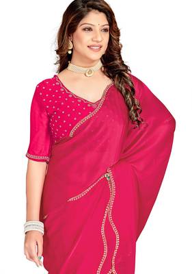 Rani handwork zarkan border designer chiffon saree with blouse piece 5