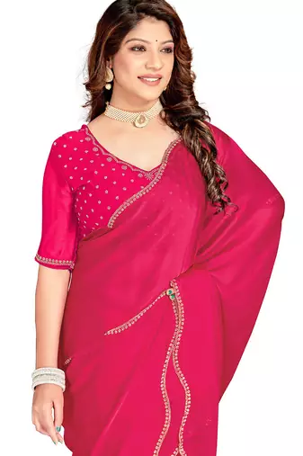 Rani handwork zarkan border designer chiffon saree with blouse piece